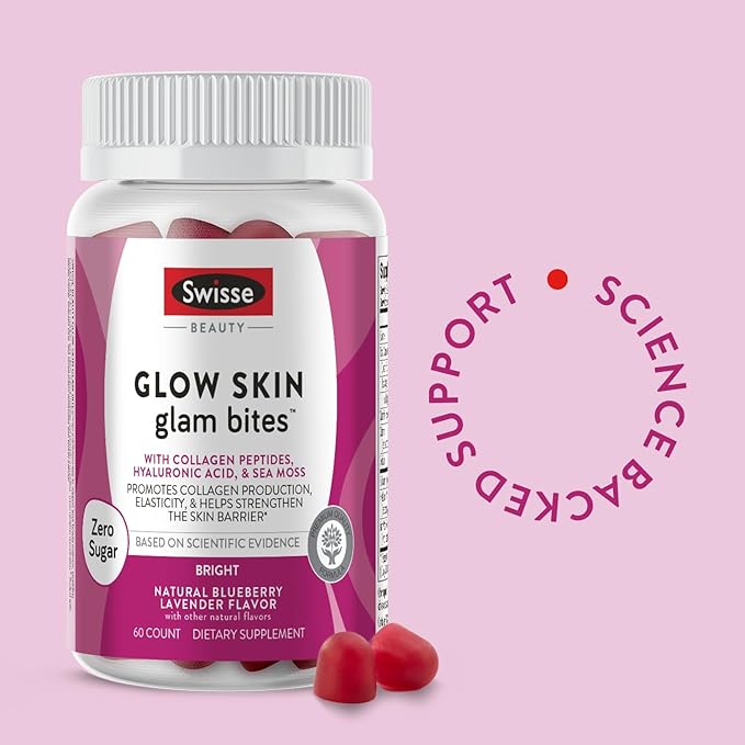 Swisse Glow Skin Glam Bites – Collagen Peptides Hyaluronic Acid &amp Sea Moss – Supports Skin Elasticity &amp Hydration – Zero Sugar Gummies for Adults – Blueberry Lavender Flavor 60 Count