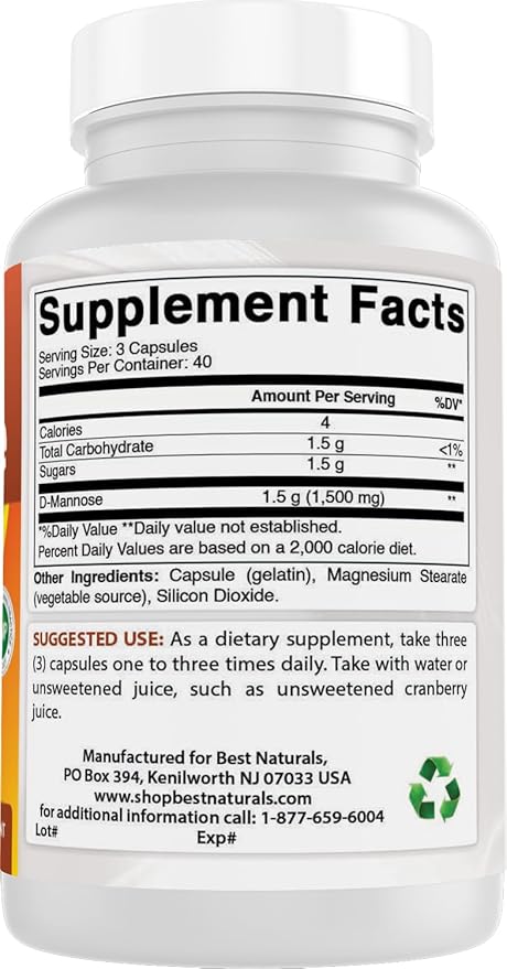 Best Naturals D-Mannose 1500 mg Per Serving 120 Capsules (Pack of 2)