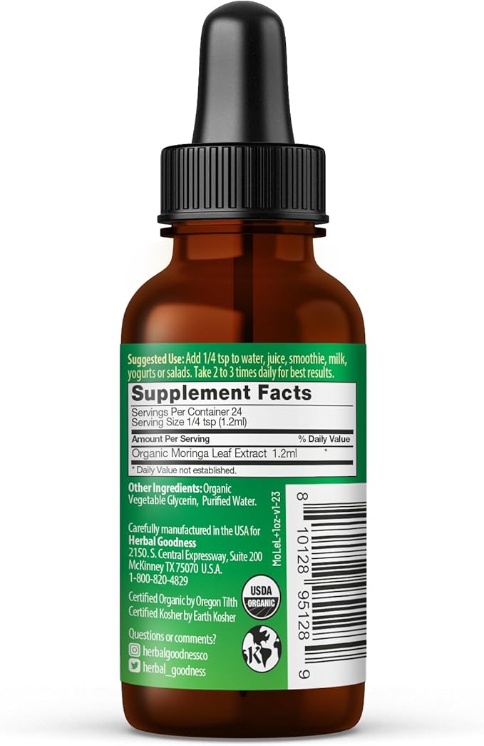 Herbal Goodness Moringa Extract Liquid Drops 1 Fl. oz - Superfoods Tincture for Energy &amp Immune Support Organic and Highly Bioavailable Alternative to Moringa Capsules &amp Powder Non-GMO Vegan