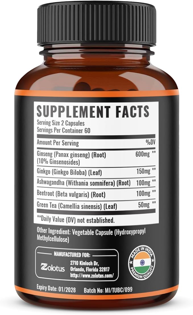 Zolotus Korean Red Panax Ginseng + Ginkgo Biloba Ashwagandha Beetroot Green Tea - 120 Capsules (Pack of 2)