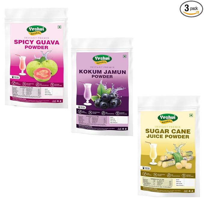 Yeshvi NATURAL Spicy Guava Powder &amp Kokum Jamun Fruit Juice Powder With Sugarcane Juice Powder Combo Pack Instant Drink Mix Powder Drink 300gm