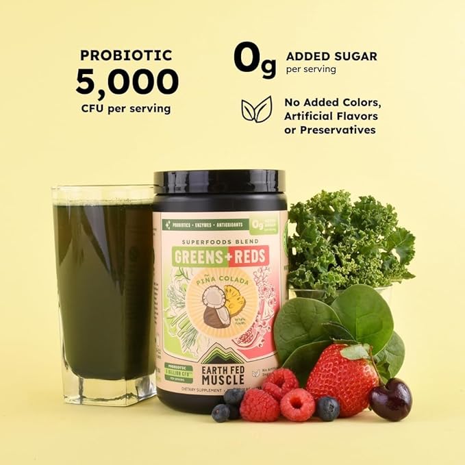 Earth Fed Muscle Superfoods Blend Reds &amp Greens Powder Piña Colada Flavor Juice &amp Smoothie Mix with Organic Kale Spirulina Wheat Grass - Detox &amp Cleanse No Added Sugar - Non-GMO - 30