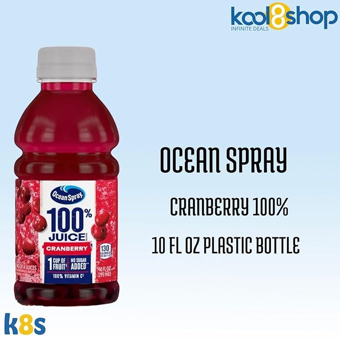 Ocean Spray 100% Cranberry Fruit Juice Drink 10 fl oz Plastic Bottles 24 Pack + 2 Reusable Snack Bags by KOOL8SHOP Infinite Deals