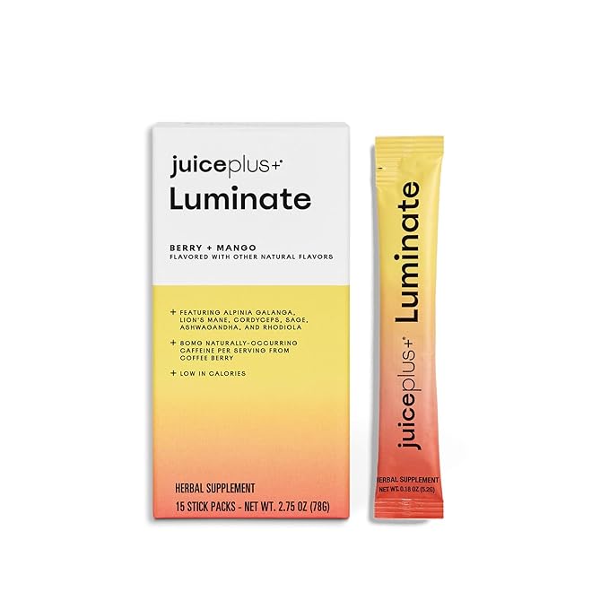 JuicePlus+ Luminate - Plant-Based Cognitive Support Drink with Ashwagandha Lions Mane &amp Coffee Berry For Clarity &amp Vitality - 15 Sticks 2.75 oz