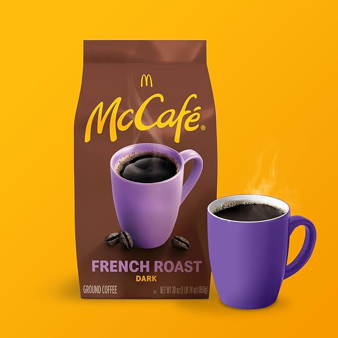 McCafe French Roast Ground Coffee Dark Roast Dark Cocoa Flavor Hints Premium Quality Responsibly Sourced Kosher Certified 30oz. Bag