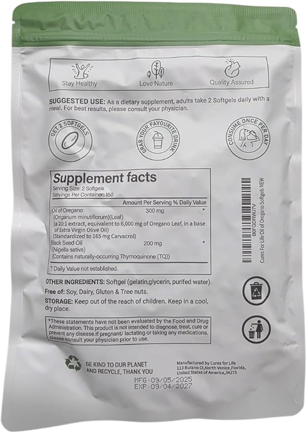 Oil of Oregano Softgels – 6000mg High Potency with 165mg Carvacrol &amp 200mg Black Seed Oil – 2-in-1 Immune Support &amp Digestive Health – 300 Softgels – Oregano Oil Capsules Supplement