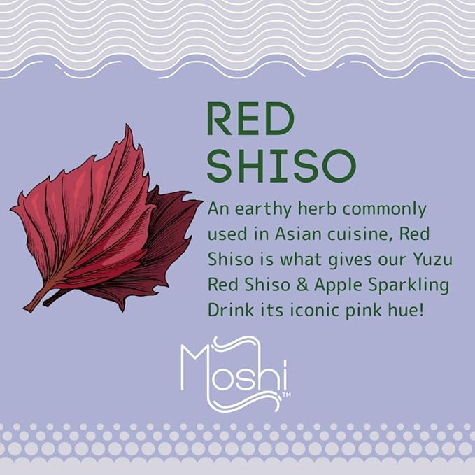 Moshi Yuzu Sparkling Drink Aromatic and Zesty Made with 100% Yuzu juice All-Natural Vegan Gluten-free No Artificial Preservatives/Coloring - 12 oz (6 Glass Bottles) - Red Shiso &amp Apple