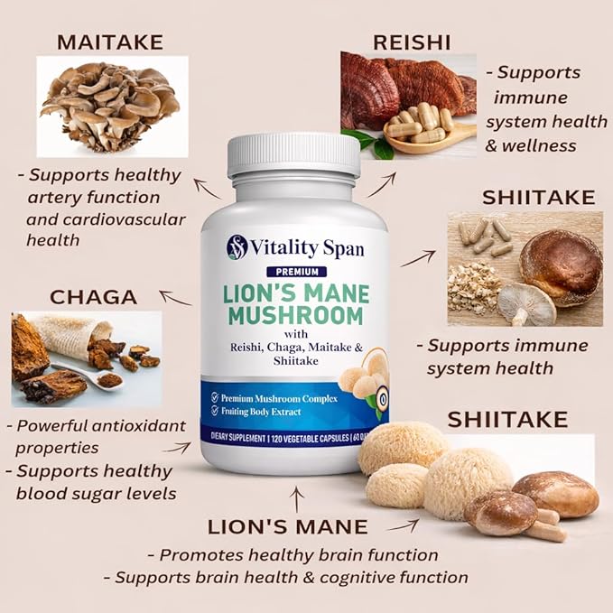 Lions Mane Supplement Capsules – Lion’s Mane Mushroom Extract for Brain &amp Focus Support – Fruiting Body 5 Mushroom Complex 1400mg 120 Veg Capsules Made in USA