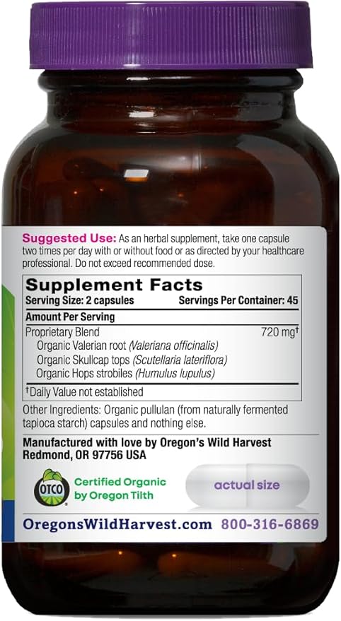 Oregon's Wild Harvest Muscle Relax Organic Herbal Supplement Vegan Capsules with Valerian Hops and Skullcap - 90 Count