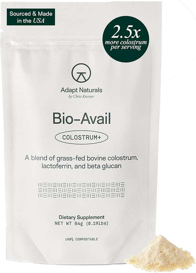 Adapt Naturals Colostrum Supplement with Lactoferrin &amp Beta-Glucan Bio-Avail Grass Fed Bovine Colostrum Powder for Gut Health Immune Support &amp Vitality | Non-GMO 2500mg Unflavored - 30 Day