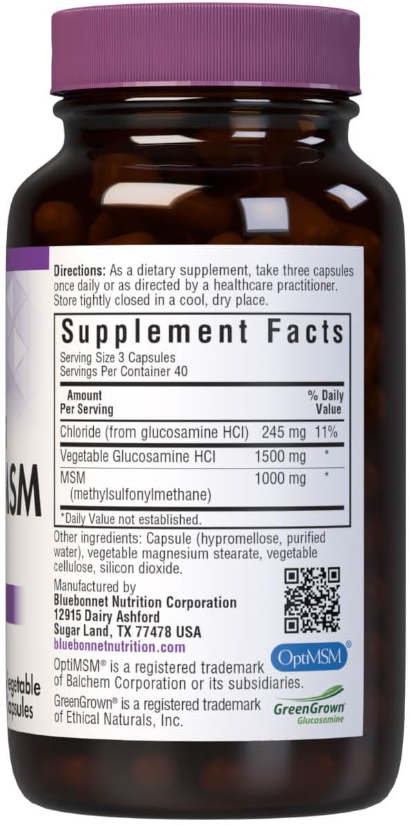 Bluebonnet Vegetarian Glucosamine with MSM Supplement - Shellfish-Free Joint Support Supplement for Women &amp Men - Vegetable Glucosamine HCI - Vegan Kosher Free of Soy Gluten &amp Dairy - 120 V