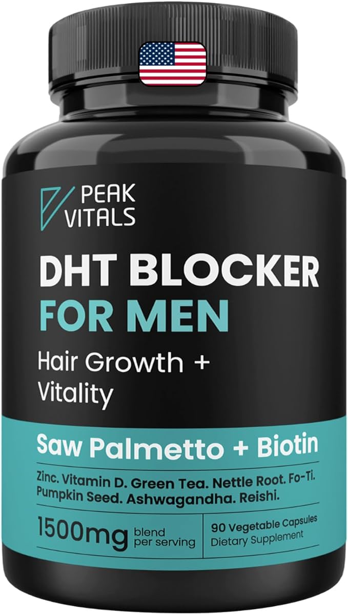 DHT Blocker for Men | Ultra Potent Hair Growth Formula | Saw Palmetto Biotin Pumpkin Seed Herbal Extracts | Natural Hair Loss Supplements | Hair Regrowth Vitamins | Made in The USA | 90 Capsules