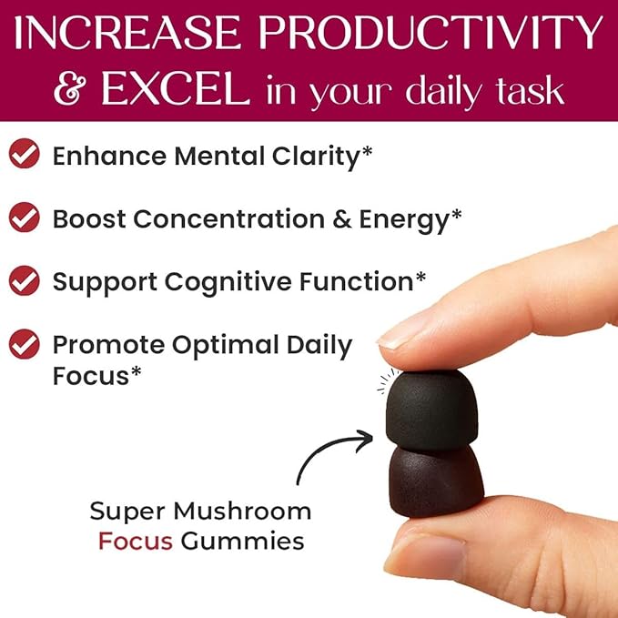 Auri Nutrition Super Mushroom Focus Gummies w/Lion's Mane Alpha GPC &amp Rhodiola – Mushroom Supplement to Support Cognitive Function Mental Clarity Focus &amp Energy 60 Gummies Vegan Friendly