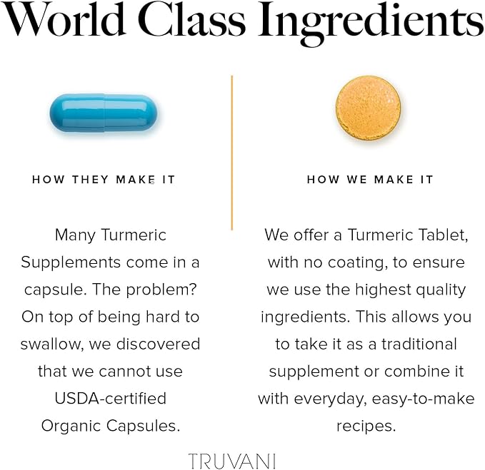 Truvani Organic Turmeric Curcumin Tablets 1350 mg Each - Natural Joint Support with Black Pepper for Absorption - 90 Tablets