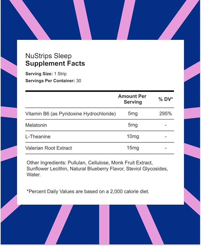 NuStrips™ Fast-Dissolving Sleep Strips with 5mg Melatonin Valerian Root L-Theanine &amp Vitamin B6 – Blueberry Flavor - Natural Sleep Aid Vegan Non-GMO Gluten Free – Fall Asleep Fast (30 Strips)