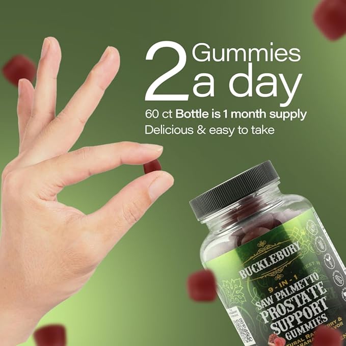 BUCKLEBURY 9-in-1 Natural Saw Palmetto Gummies with Raspberry &amp Pomegranate Flavor - Plant-Based Prostate Support Supplements for Mens Bladder Health Hair Growth &amp Urinary Support - 60 Gummie