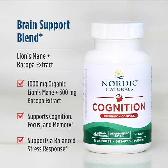Nordic Naturals Cognition Mushroom Complex Unflavored - 60 Capsules - Brain Memory &amp Mood Support - Blend of Lion’s Mane Mushroom &amp Bacopa Extract - Non-GMO - Certified Vegan - 30 Servings