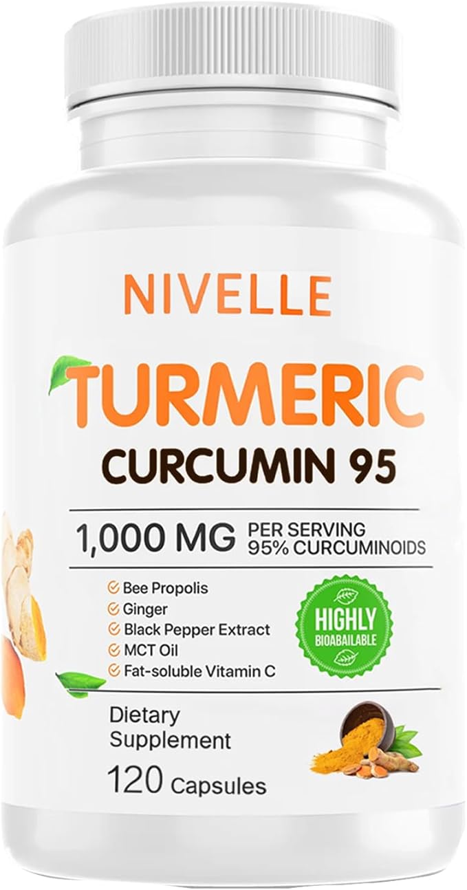 NIVELLE Turmeric Curcumin | Pure Turmeric Curcumin Supplement 1000mg | 95% Curcuminoids with Bee Propolis Ginger MCT Oil Fat Soluble Vitamin C &amp Black Pepper | 120 Capsules (1)