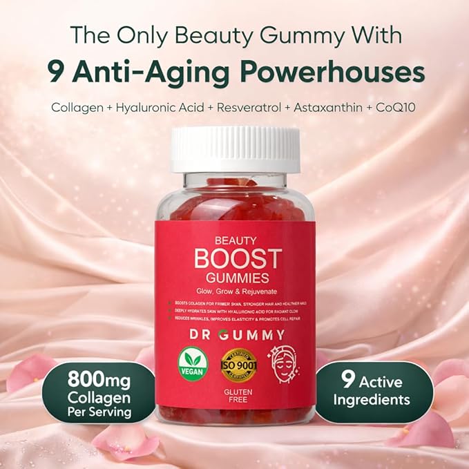 Beauty Boost Gummies – Collagen + Hyaluronic Acid for Skin Hydration Support Antioxidant Blend Resveratrol CoQ10 Astaxanthin Hair Skin Nails 60 Gummies