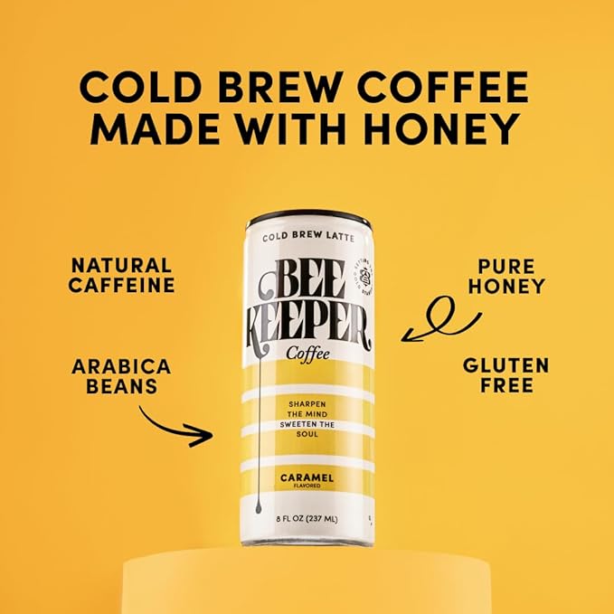 Beekeeper Caramel Cold Brew Coffee Drinks with Oregon Honey | 12 Pack Refreshing Iced Coffee - Unsweetened &amp Strong Arabica Brew 8 fl oz Ready-to-Drink Can - 180mg Natural Caffeine