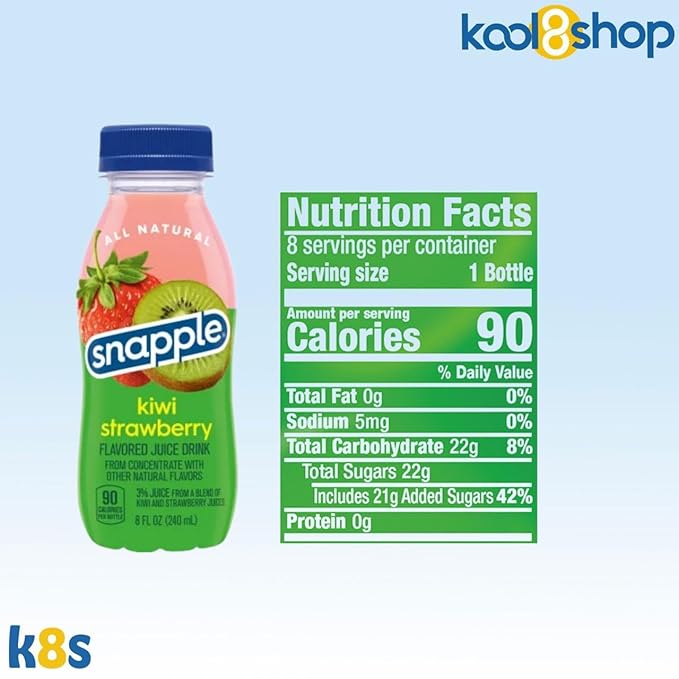 Snapple Kiwi Strawberry All Natural Juice Drink 8 fl oz Mini Plastic Bottle 24 Pack + 2 Reusable Snack Bags by KOOL8SHOP Infinite Deals