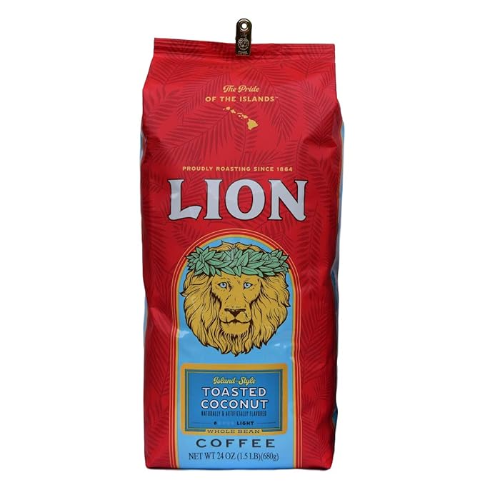 Lion Coffee Toasted Coconut Flavored Light Roast Whole Bean Coffee A Taste of Aloha - 24 Ounce Bag