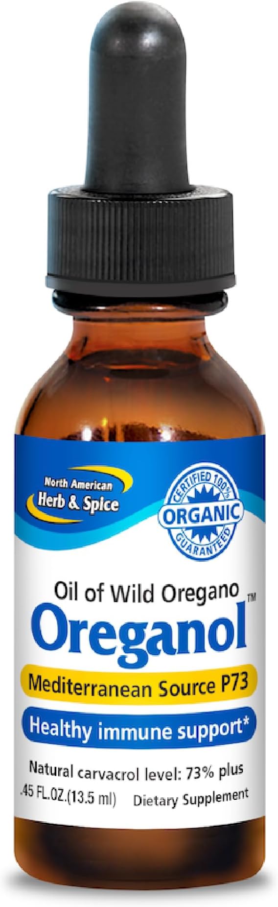 NORTH AMERICAN HERB &amp SPICE Oreganol - 0.45 fl. oz. - Unprocessed Wild Organic Oregano Oil - Mediterranean Source P73 - Non-GMO - 194 Servings