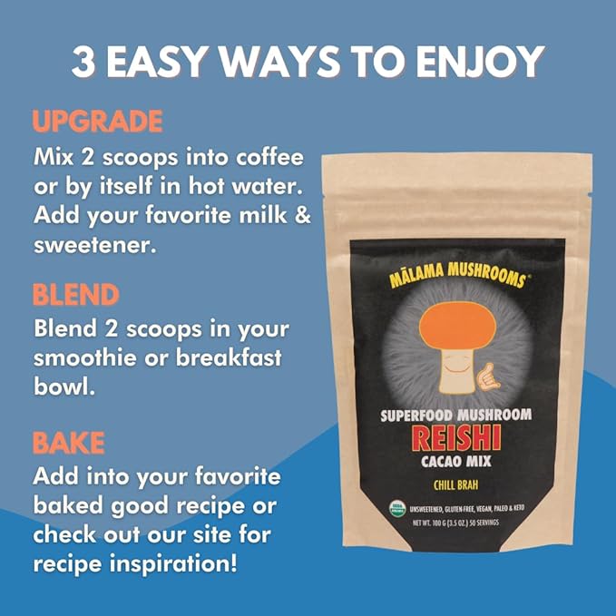 Malama Organic Mushroom Hot Cacao Mix Reishi Mushroom Powder with Fair Trade Cacao for Immune Support &amp Relaxation – Vegan Supplement &amp Superfood Non GMO 3.5 oz (50 Servings)