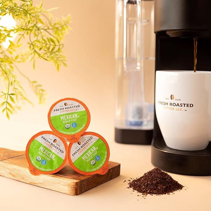 Fresh Roasted Coffee Organic Mexican Water-Processed Half-caf | USDA Kosher | Medium Roast 72 Pods for K Cup Brewers