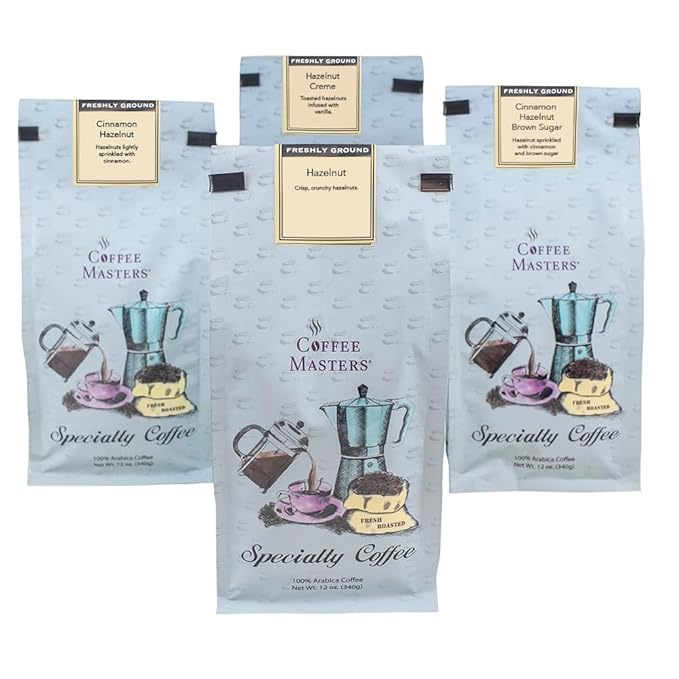 Coffee Masters Ground Coffee Sampler Hazelnut Cinnamon Hazelnut Hazelnut Creme and Cinnamon Hazelnut Brown Sugar 48 Ounce