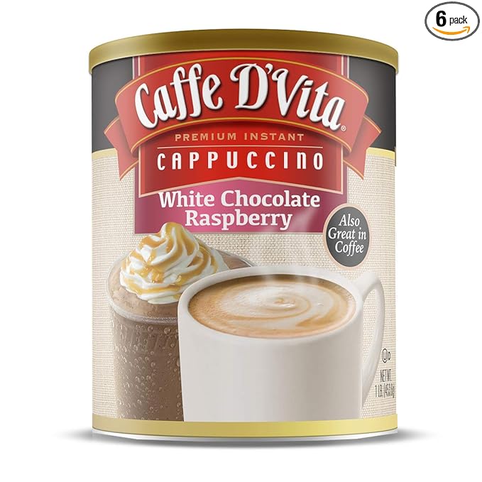 Caffe D'Vita White Chocolate Raspberry Cappuccino Mix - Instant Cappuccino Mix Gluten Free No Cholesterol No Hydrogenated Oils No Trans Fat 99% Caffeine Free White Chocolate Powder - 16 Oz Can