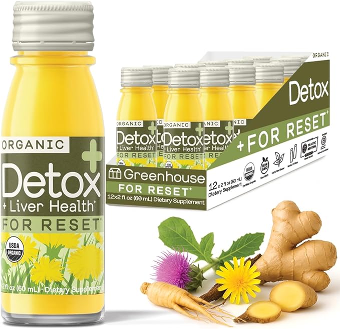 Greenhouse Juice Detox Wellness Shots Organic Immunity Shots Juice Liver Health Wellness + Anti-Inflammatory with Ginseng Milk Thistle and Dandelion Vegan &amp Gluten-Free (2 Oz Pack of 12)