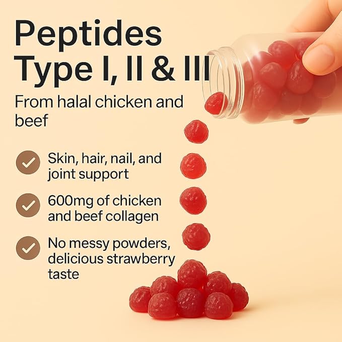 Sakoon nutrition Halal Certified Collagen Peptides Gummies | (Type I II &amp III) Collagen Gummies for Women &amp Men | 90 Naturally Flavoured Strawberry Gummy to Support Hair Skin Joints &amp N