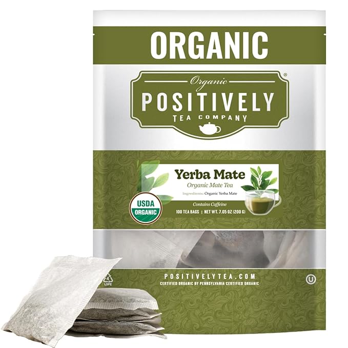 Organic Positively Tea Company Yerba Mate Tea Bags (Unsmoked) 100 Count Eco-Friendly Tea Bags Non-GMO