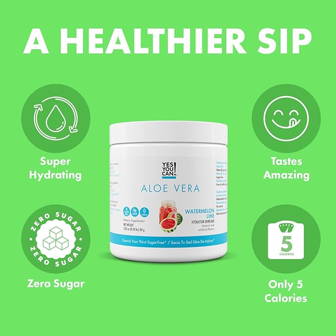 Yes You Can! Organic Aloe Vera Powder Drink Mix - Hydration Booster Infused with Pure Aloe Juice - Delicious Flavors - Made in USA - Antioxidant Rich - Watermelon Lime - 40 Servings (Pack of 2)