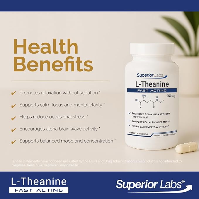 Superior Labs L-Theanine 250 mg Capsules Non-GMO Promotes Non Drowsy Relaxation &amp Helps Ease Everyday Stress Supports Healthy Sleep Promotes a Focused Mind High Absorption 90 Veg Caps