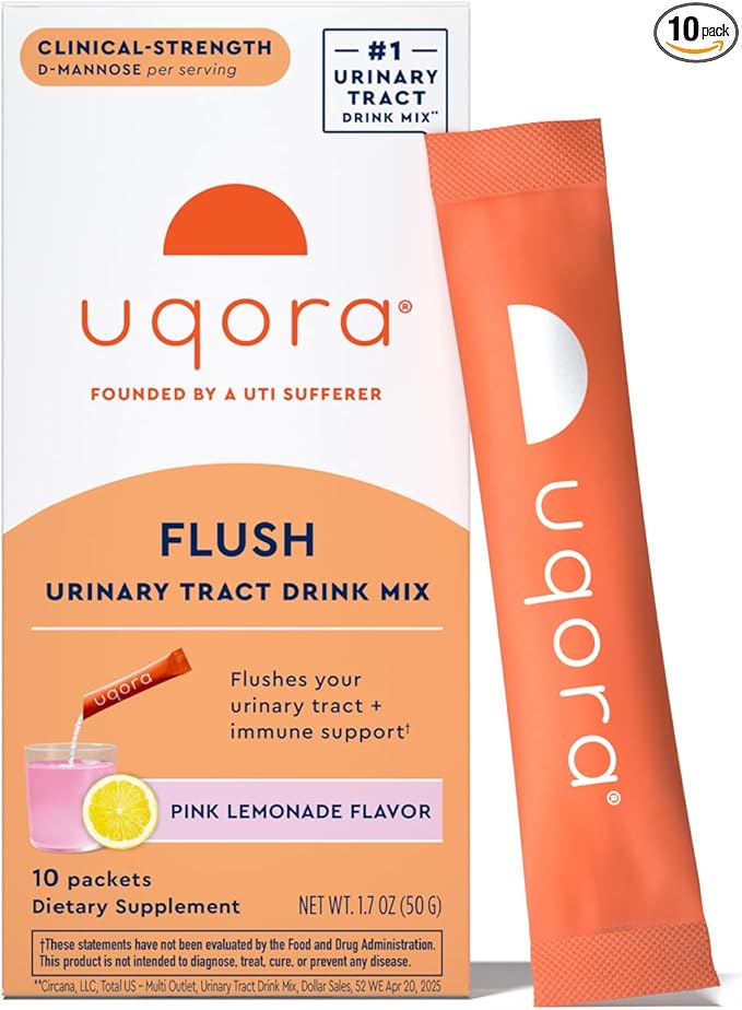 Uqora Flush - Urinary Tract* with D-Mannose Vitamin C Vitamin B6 Potassium Magnesium &amp Calcium - Gluten-Free &amp Vegan - Pink Lemonade Flavor - 10 Packets (1 Pack)