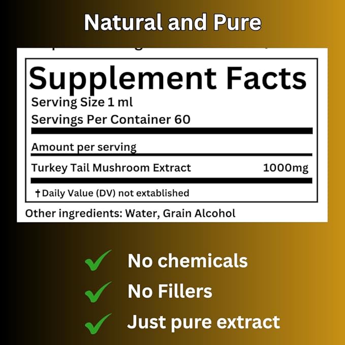 Turkey Tail Mushroom Liquid Extract Tincture Daily Supplement Double Extracted for High Potency 2 Fl oz 60 doses