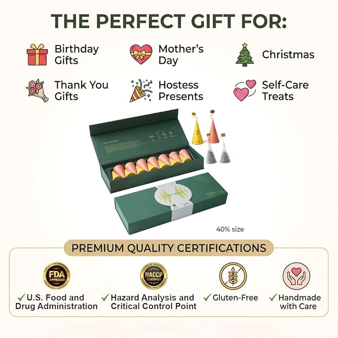 Herbal Delight Premium Herbal Tea Gift Set of 14 with 2 Flavors 2 Individually Wrapped Handmade Pyramid Tea Bags for Each Variety chamomile tea Rose Black Tea
