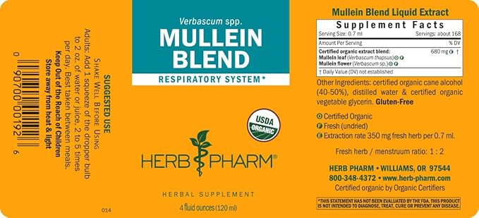 Herb Pharm Certified Organic Mullein Blend Liquid Extract for Respiratory System Support - 4 Ounce