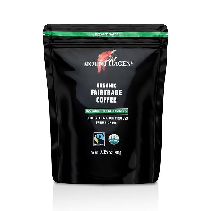 Mount Hagen 7.05oz Organic Freeze Dried Instant Decaf Coffee | Made From Organic Medium Roast Arabica Beans | Fair-Trade Eco-friendly Instant Decaffeinated Coffee in Resealable Pouch Bag [7.05oz]