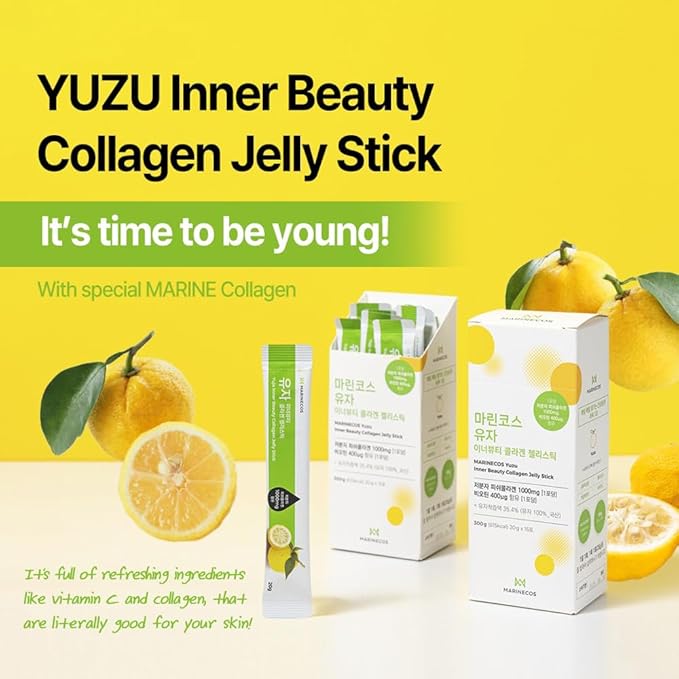 Yuzu Collagen Jelly Stick ㅣ Korean Citrus Beauty Supplement ㅣ Marine Collagen Peptide 3000mg ㅣ Skin Vitality &amp Hydration ㅣ No Sugar Added ㅣ Portable Stick Type