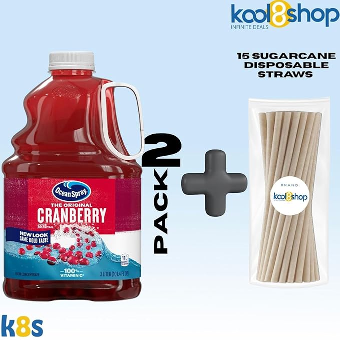 Ocean Spray Cranberry Juice Drink 101.4 fl oz Plastic Bottles 2 Pack + 15 Sugarcane Disposable Straws by KOOL8SHOP Infinite Deals