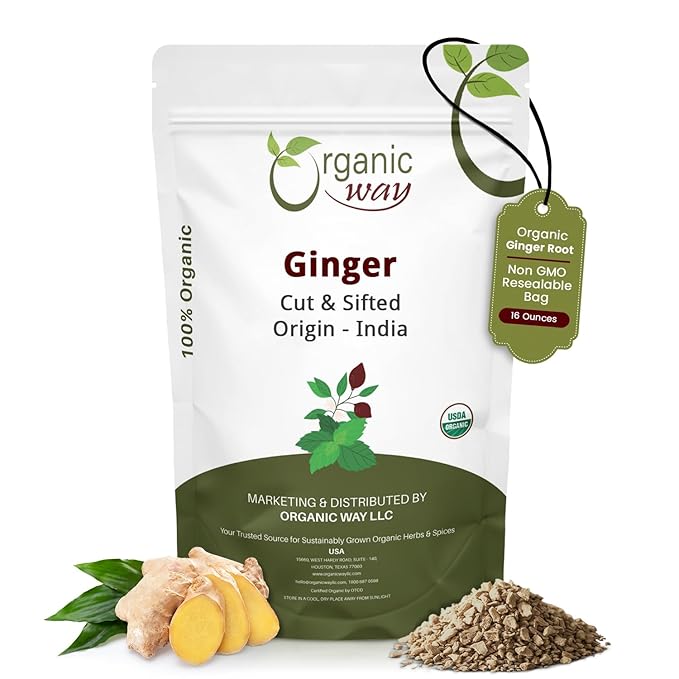 Organic Way Ginger Root Cut &amp Sifted (Zingiber officinale) - Herbal Tea | Kosher &amp USDA Certified | Vegan Non-GMO &amp Gluten Free | Tested for Heavy Metal and Purity | 100% Raw from India (