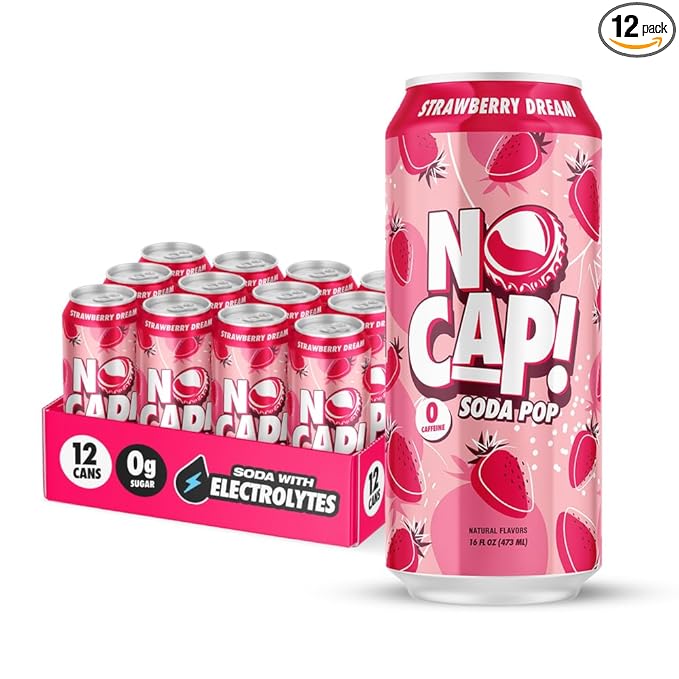 NO CAP! Next Gen Soda Pop with Zero Sugar Zero Calories and Electrolytes for Hydration Naturally Flavored Caffeine-Free Soda Vegan &amp Gluten-Free 16 oz Cans (Strawberry Dream)