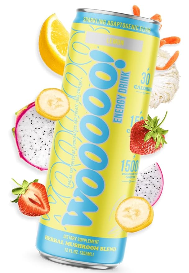 Wooooo! Energy Ric Flair Sparkling Adaptogenic Mushroom Energy Drink | Natural Antioxidants &amp Nootropics | Lion’s Mane &amp Cordyceps | 150mg Caffeine | 12 Pack (Lemon)