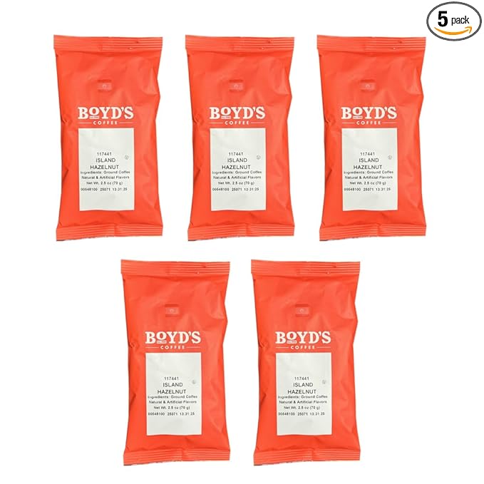 Boyd's Island Hazelnut Ground Coffee 5/2.5oz Pre-Portioned Packets - 12.5oz Total - Nutty with Distinct Coconut