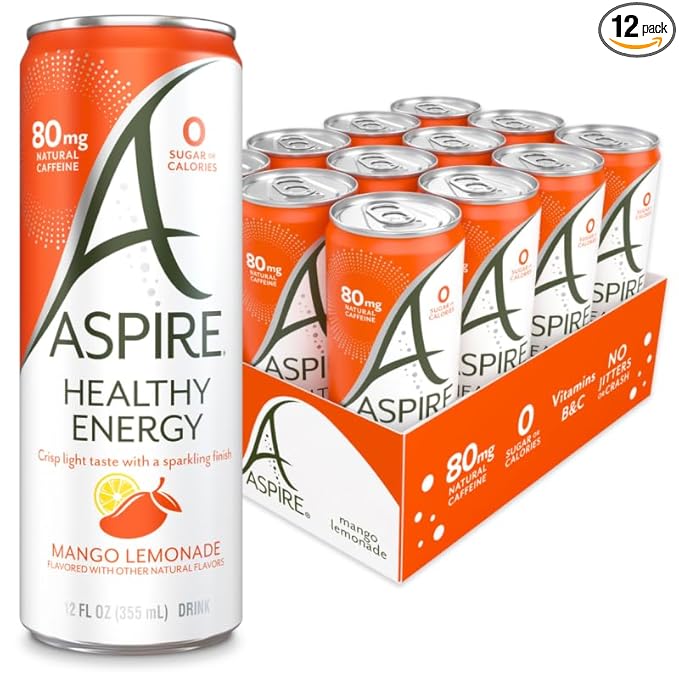 ASPIRE® Mango Lemonade Healthy Energy Drink 80mg Natural Caffeine Zero Sugar No Carbs Keto Friendly 12 Pack Green Tea Sugar Free Drink Low Caffeine Zero Calorie