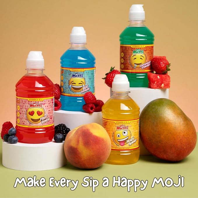 MOJI-MOJI Kids Vitamin Drink – with Vitamins A B &amp E Fun Emoji Bottles 4 Flavors Sports Cap Spill-Resistant 10.1 Fl Oz Pack of 24