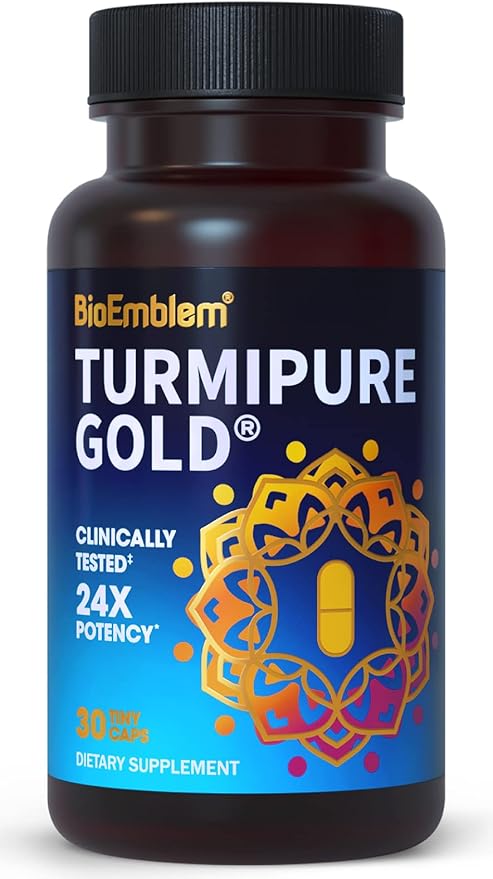 BioEmblem Turmeric Curcumin with Clinically Studied TurmiPure - 1 Small Cap Daily 24x More Absorption Than Others - Joint Support Healthy Inflammation Tumeric Supplements - Non-GMO - 30 Servings